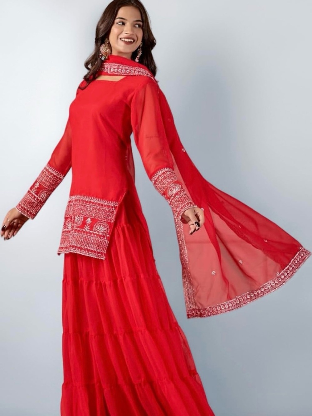 Brand New Red Embroidered Women's Salwar sharara  Set